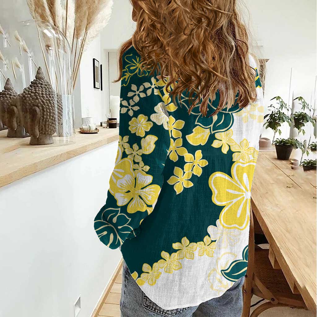 Yelow Teal Hibiscus Plumeria Floral Women Casual Shirt - Polynesian Pride