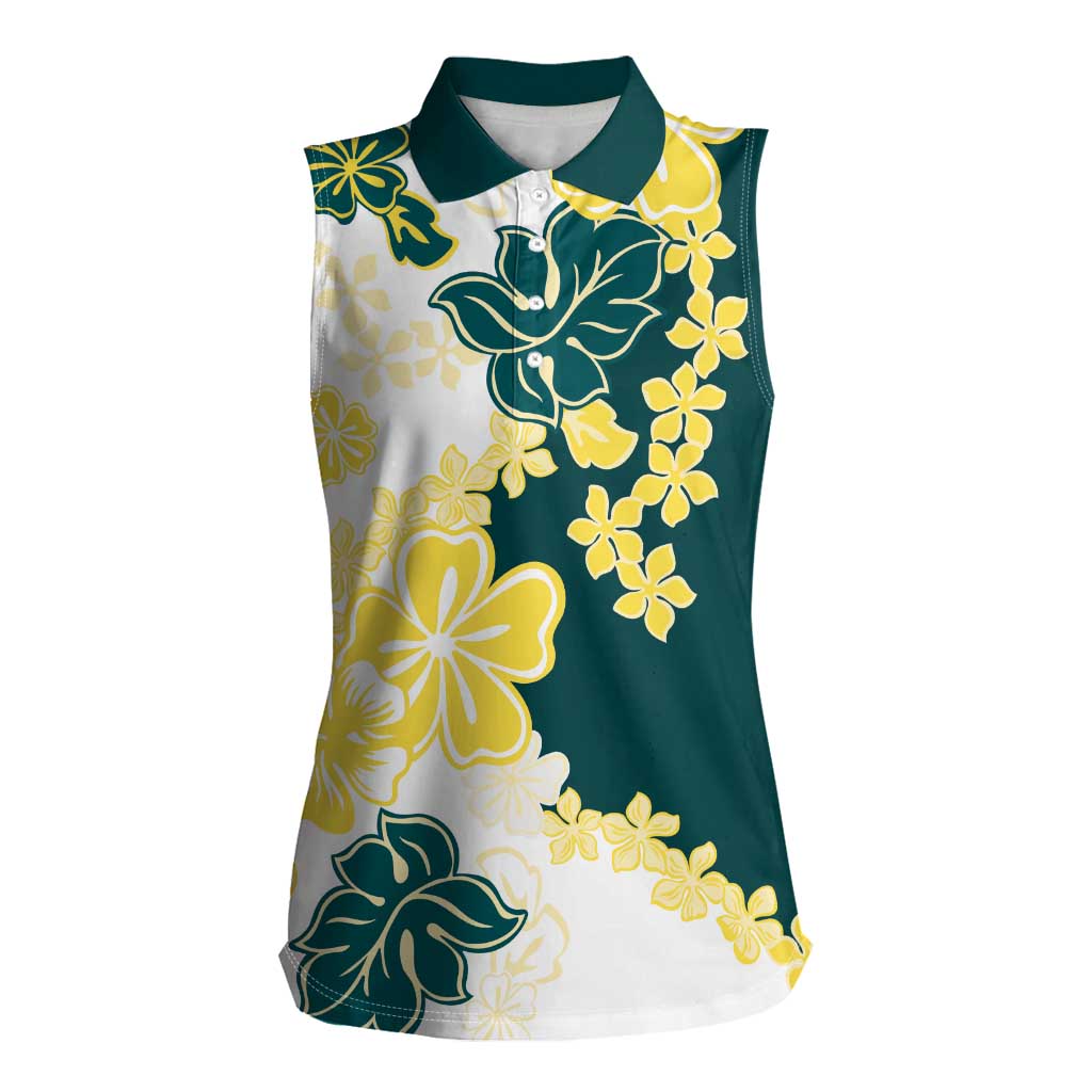 Yelow Teal Hibiscus Plumeria Floral Women Sleeveless Polo Shirt LT01 Female Yellow - Polynesian Pride