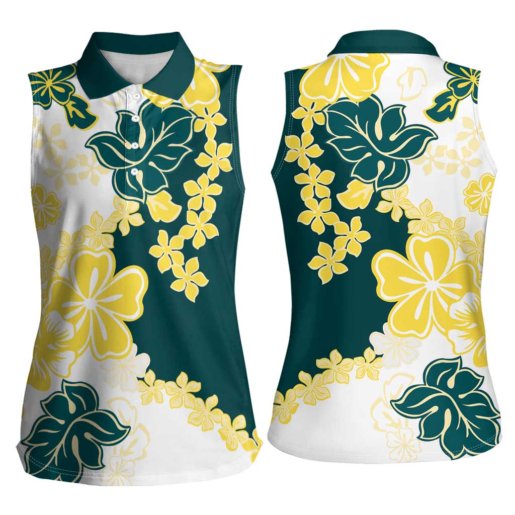 Yelow Teal Hibiscus Plumeria Floral Women Sleeveless Polo Shirt LT01 - Polynesian Pride