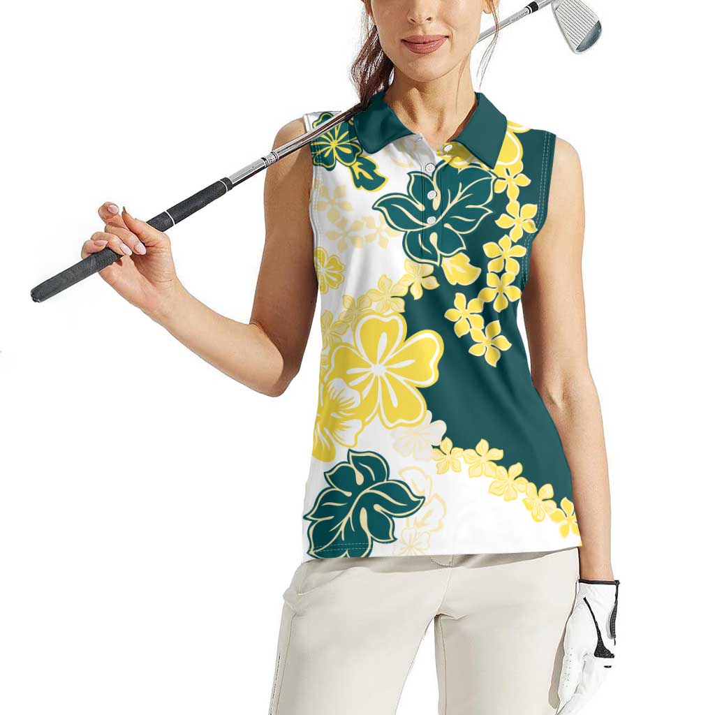 Yelow Teal Hibiscus Plumeria Floral Women Sleeveless Polo Shirt LT01 - Polynesian Pride