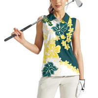 Yelow Teal Hibiscus Plumeria Floral Women Sleeveless Polo Shirt LT01 - Polynesian Pride