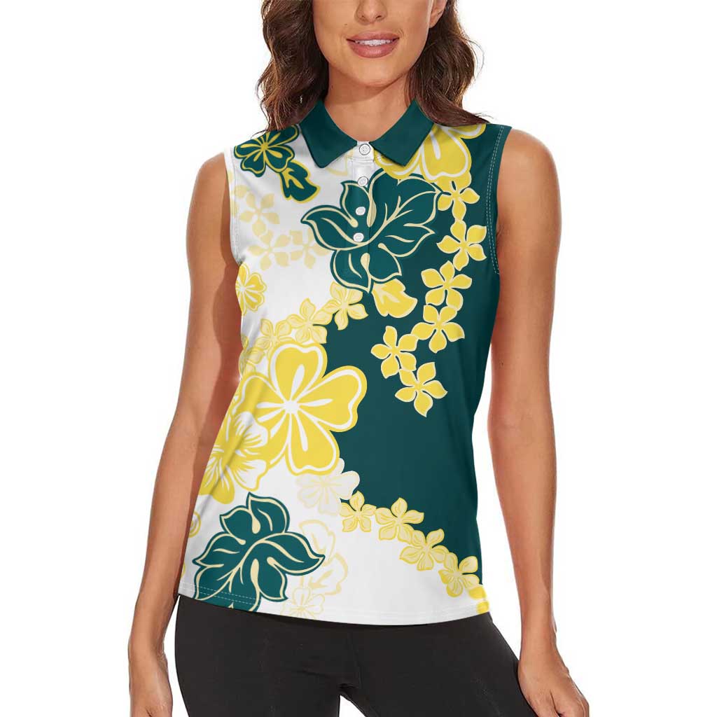 Yelow Teal Hibiscus Plumeria Floral Women Sleeveless Polo Shirt LT01 - Polynesian Pride