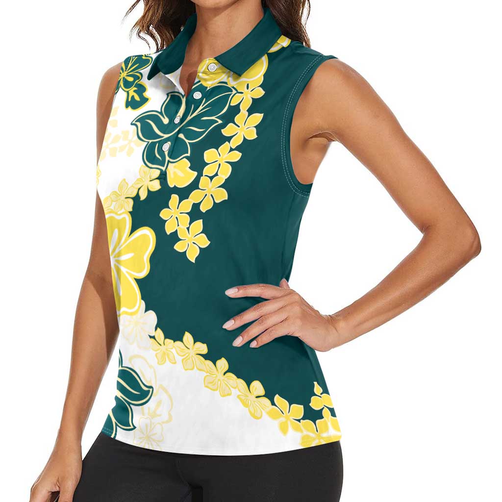 Yelow Teal Hibiscus Plumeria Floral Women Sleeveless Polo Shirt LT01 - Polynesian Pride