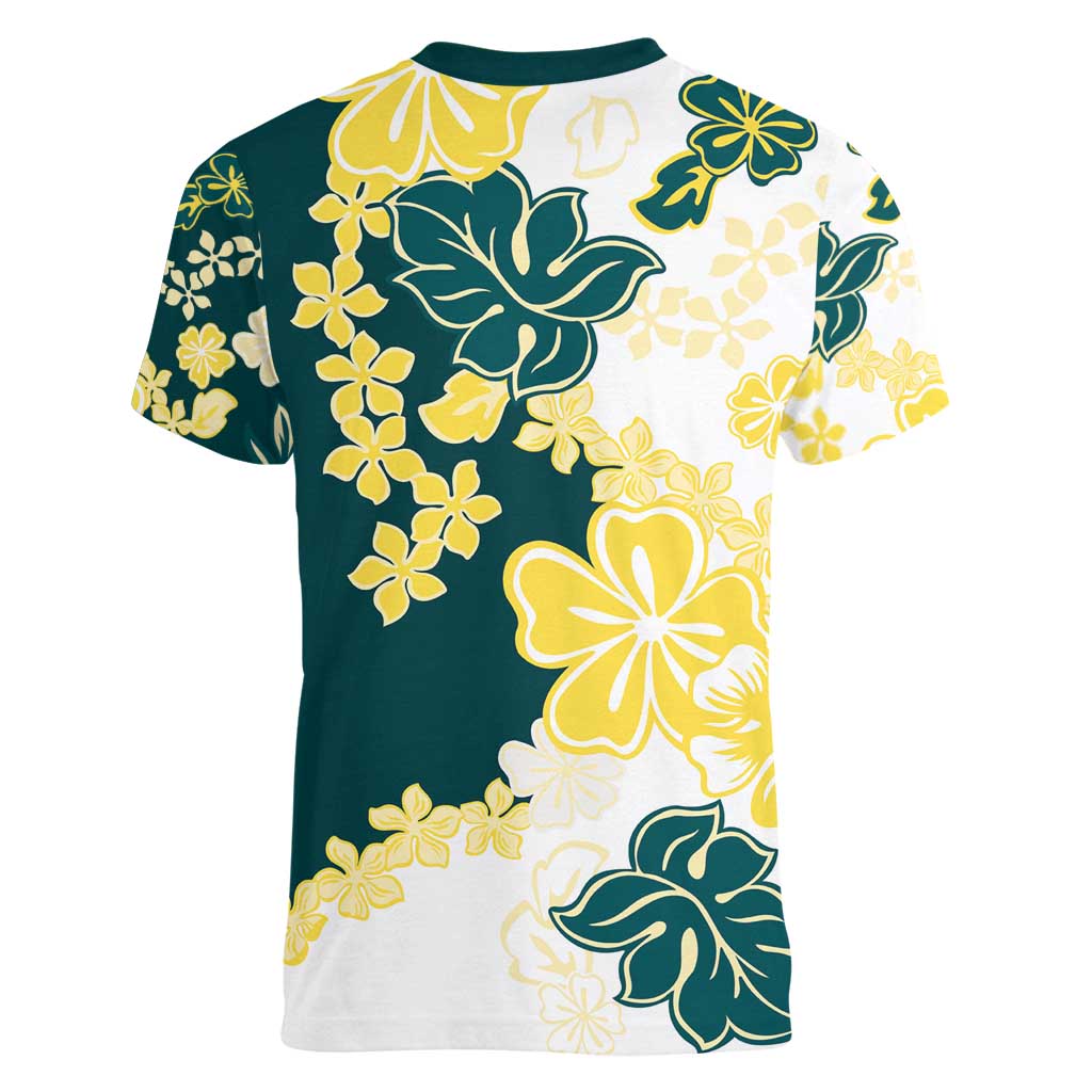Yelow Teal Hibiscus Plumeria Floral Women V-Neck T-Shirt LT01 - Polynesian Pride