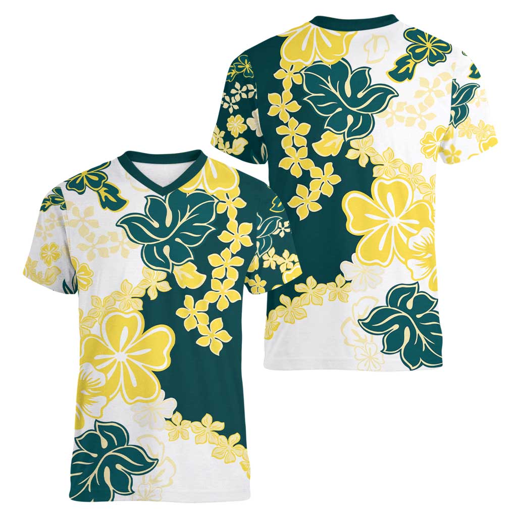 Yelow Teal Hibiscus Plumeria Floral Women V-Neck T-Shirt LT01 - Polynesian Pride