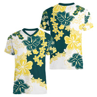 Yelow Teal Hibiscus Plumeria Floral Women V-Neck T-Shirt LT01 - Polynesian Pride