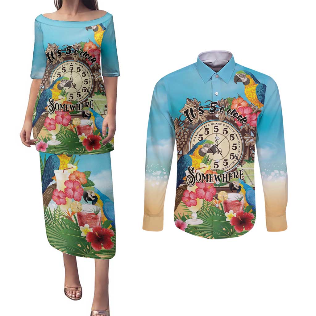Personalized It's 5 o'clock Somewhere Couples Matching Puletasi and Long Sleeve Button Shirt Hawaiian Tropical Parrots - Polynesian Pride