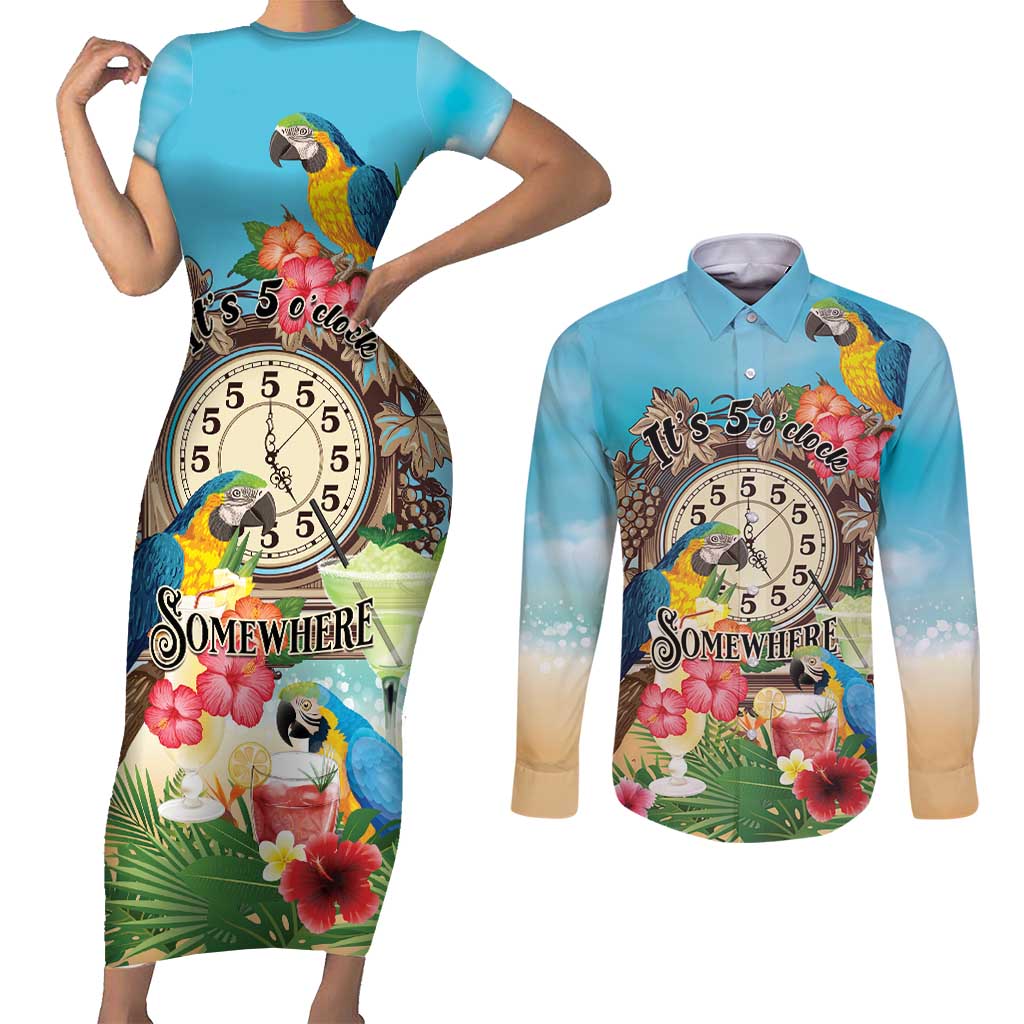 Personalized It's 5 o'clock Somewhere Couples Matching Short Sleeve Bodycon Dress and Long Sleeve Button Shirt Hawaiian Tropical Parrots LT01 Blue - Polynesian Pride