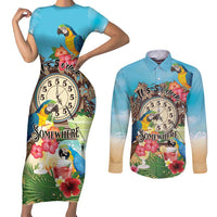 Personalized It's 5 o'clock Somewhere Couples Matching Short Sleeve Bodycon Dress and Long Sleeve Button Shirt Hawaiian Tropical Parrots LT01 Blue - Polynesian Pride