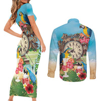 Personalized It's 5 o'clock Somewhere Couples Matching Short Sleeve Bodycon Dress and Long Sleeve Button Shirt Hawaiian Tropical Parrots LT01 - Polynesian Pride