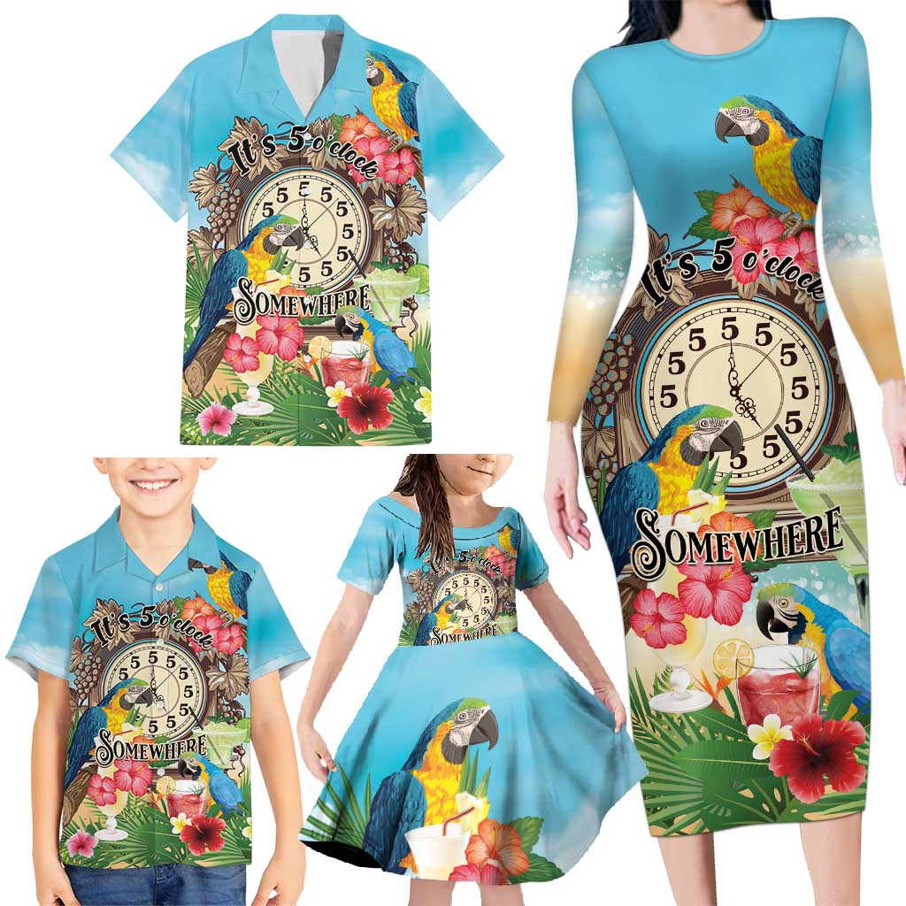 Personalized It's 5 o'clock Somewhere Family Matching Long Sleeve Bodycon Dress and Hawaiian Shirt Hawaiian Tropical Parrots LT01 - Polynesian Pride