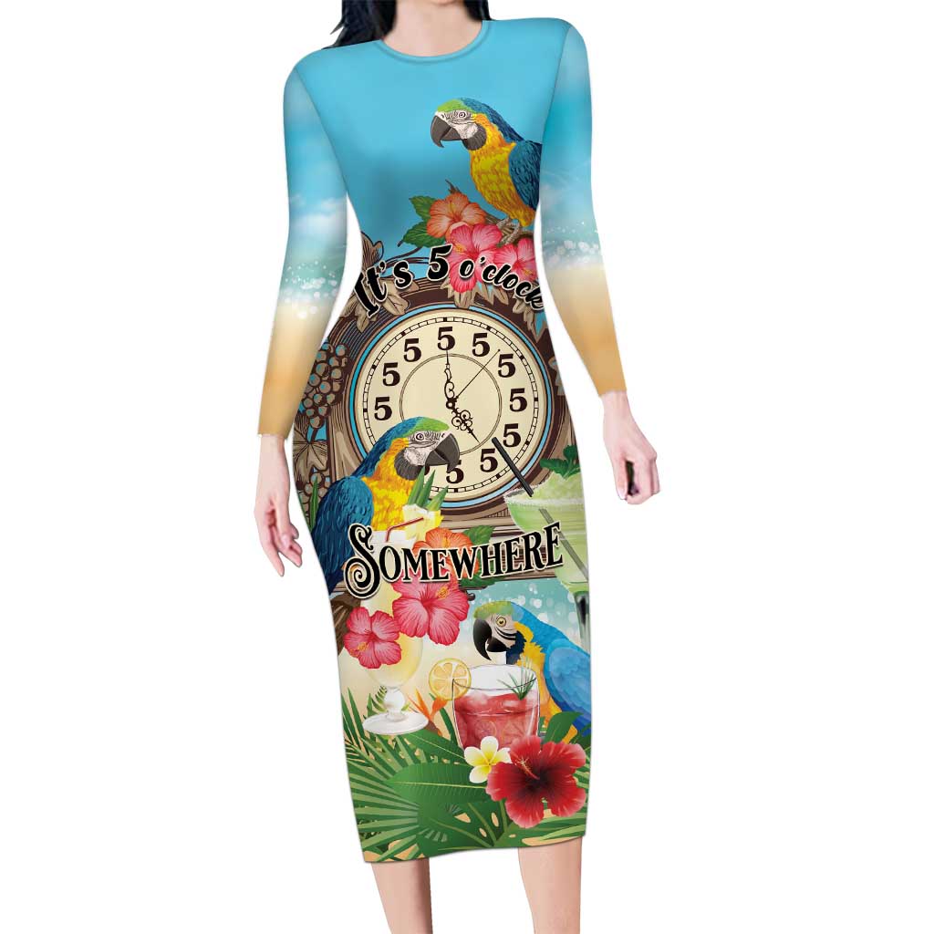 Personalized It's 5 o'clock Somewhere Family Matching Long Sleeve Bodycon Dress and Hawaiian Shirt Hawaiian Tropical Parrots LT01 Mom's Dress Blue - Polynesian Pride