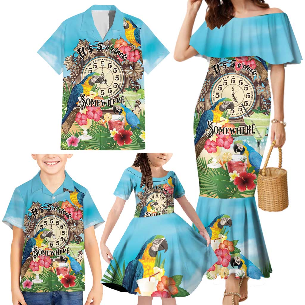 Personalized It's 5 o'clock Somewhere Family Matching Mermaid Dress and Hawaiian Shirt Hawaiian Tropical Parrots LT01 - Polynesian Pride