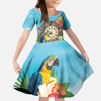 Personalized It's 5 o'clock Somewhere Family Matching Off The Shoulder Long Sleeve Dress and Hawaiian Shirt Hawaiian Tropical Parrots LT01 Daughter's Dress Blue - Polynesian Pride