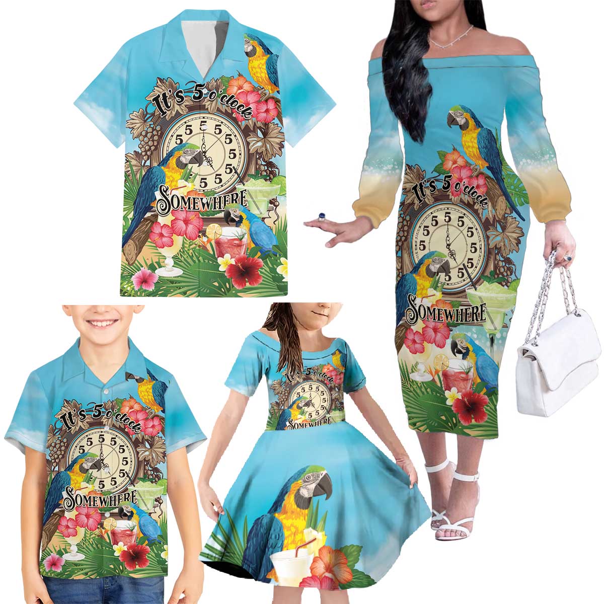 Personalized It's 5 o'clock Somewhere Family Matching Off The Shoulder Long Sleeve Dress and Hawaiian Shirt Hawaiian Tropical Parrots LT01 - Polynesian Pride