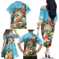 Personalized It's 5 o'clock Somewhere Family Matching Off The Shoulder Long Sleeve Dress and Hawaiian Shirt Hawaiian Tropical Parrots LT01 - Polynesian Pride
