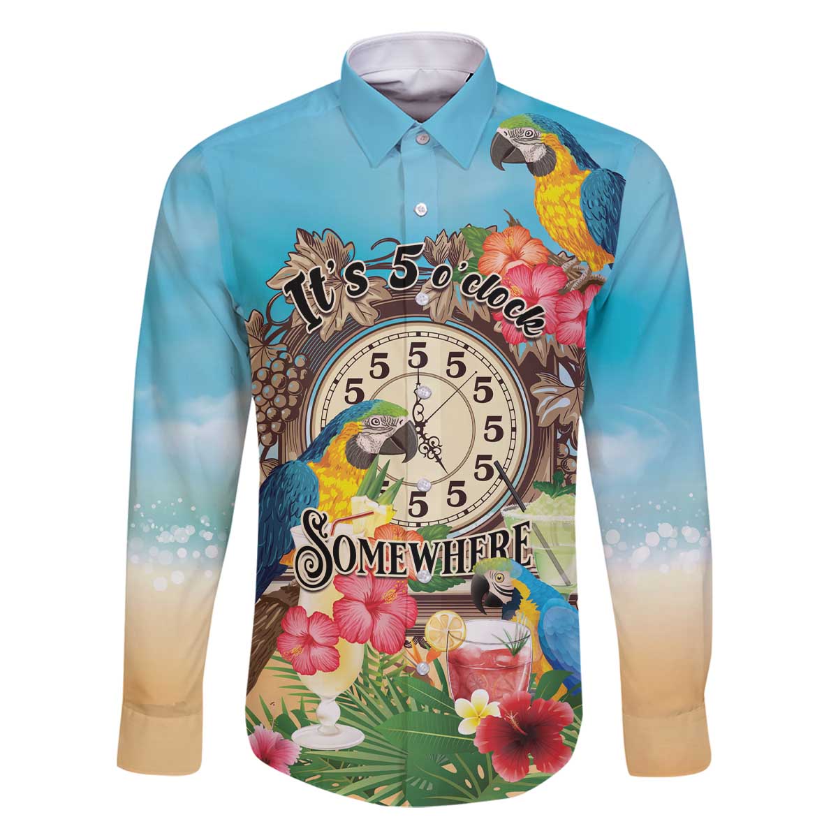 Personalized It's 5 o'clock Somewhere Family Matching Off The Shoulder Long Sleeve Dress and Hawaiian Shirt Hawaiian Tropical Parrots LT01 Dad's Shirt - Long Sleeve Blue - Polynesian Pride