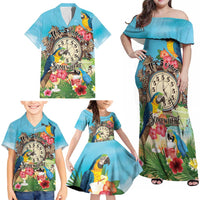 Personalized It's 5 o'clock Somewhere Family Matching Off Shoulder Maxi Dress and Hawaiian Shirt Hawaiian Tropical Parrots LT01 - Polynesian Pride