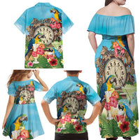 Personalized It's 5 o'clock Somewhere Family Matching Off Shoulder Maxi Dress and Hawaiian Shirt Hawaiian Tropical Parrots LT01 - Polynesian Pride