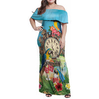 Personalized It's 5 o'clock Somewhere Family Matching Off Shoulder Maxi Dress and Hawaiian Shirt Hawaiian Tropical Parrots LT01 Mom's Dress Blue - Polynesian Pride