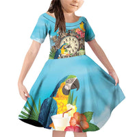 Personalized It's 5 o'clock Somewhere Family Matching Off Shoulder Short Dress and Hawaiian Shirt Hawaiian Tropical Parrots LT01 Daughter's Dress Blue - Polynesian Pride