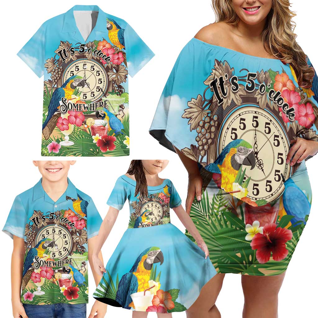 Personalized It's 5 o'clock Somewhere Family Matching Off Shoulder Short Dress and Hawaiian Shirt Hawaiian Tropical Parrots LT01 - Polynesian Pride