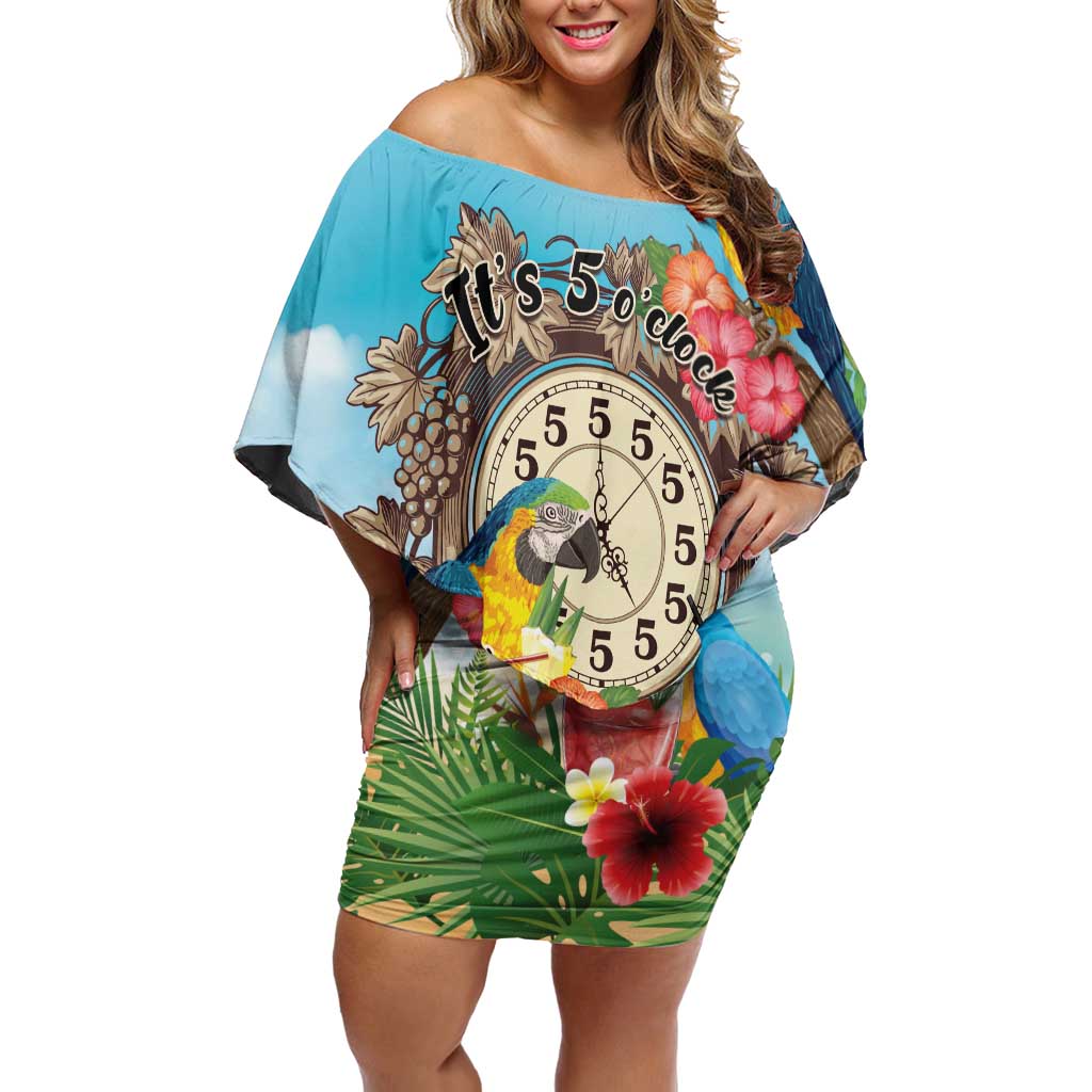 Personalized It's 5 o'clock Somewhere Family Matching Off Shoulder Short Dress and Hawaiian Shirt Hawaiian Tropical Parrots LT01 Mom's Dress Blue - Polynesian Pride