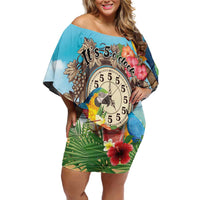 Personalized It's 5 o'clock Somewhere Family Matching Off Shoulder Short Dress and Hawaiian Shirt Hawaiian Tropical Parrots LT01 Mom's Dress Blue - Polynesian Pride