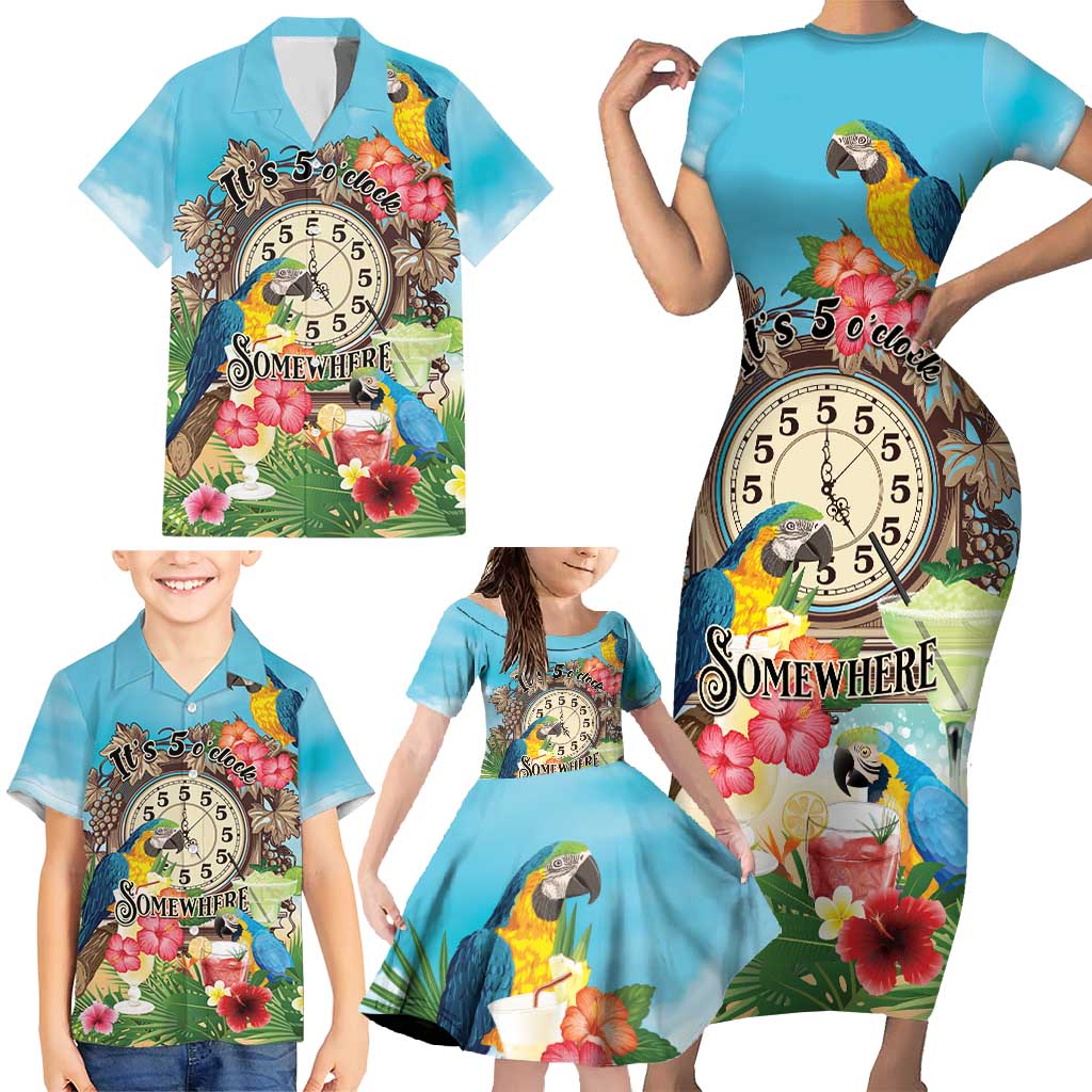 Personalized It's 5 o'clock Somewhere Family Matching Short Sleeve Bodycon Dress and Hawaiian Shirt Hawaiian Tropical Parrots LT01 - Polynesian Pride