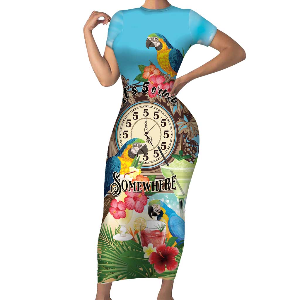 Personalized It's 5 o'clock Somewhere Family Matching Short Sleeve Bodycon Dress and Hawaiian Shirt Hawaiian Tropical Parrots LT01 Mom's Dress Blue - Polynesian Pride