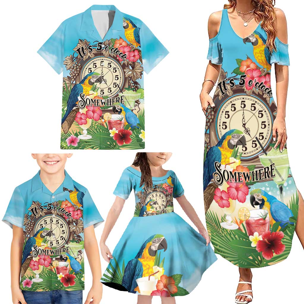 Personalized It's 5 o'clock Somewhere Family Matching Summer Maxi Dress and Hawaiian Shirt Hawaiian Tropical Parrots LT01 - Polynesian Pride