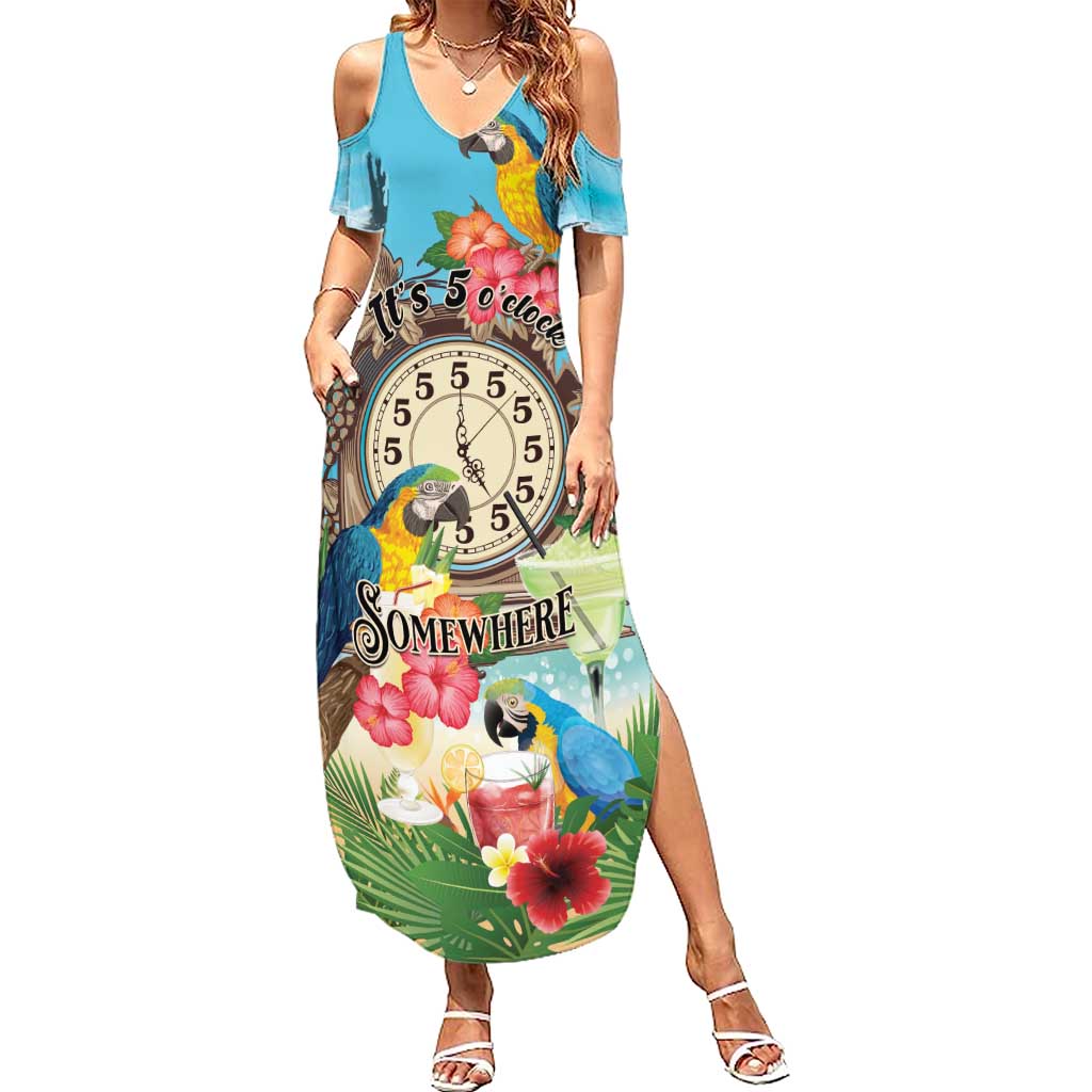Personalized It's 5 o'clock Somewhere Family Matching Summer Maxi Dress and Hawaiian Shirt Hawaiian Tropical Parrots LT01 Mom's Dress Blue - Polynesian Pride