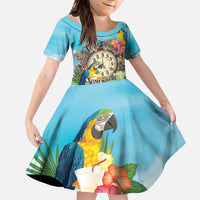 Personalized It's 5 o'clock Somewhere Family Matching Tank Maxi Dress and Hawaiian Shirt Hawaiian Tropical Parrots LT01 Daughter's Dress Blue - Polynesian Pride