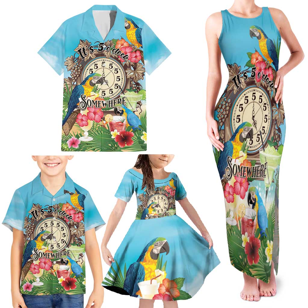 Personalized It's 5 o'clock Somewhere Family Matching Tank Maxi Dress and Hawaiian Shirt Hawaiian Tropical Parrots LT01 - Polynesian Pride