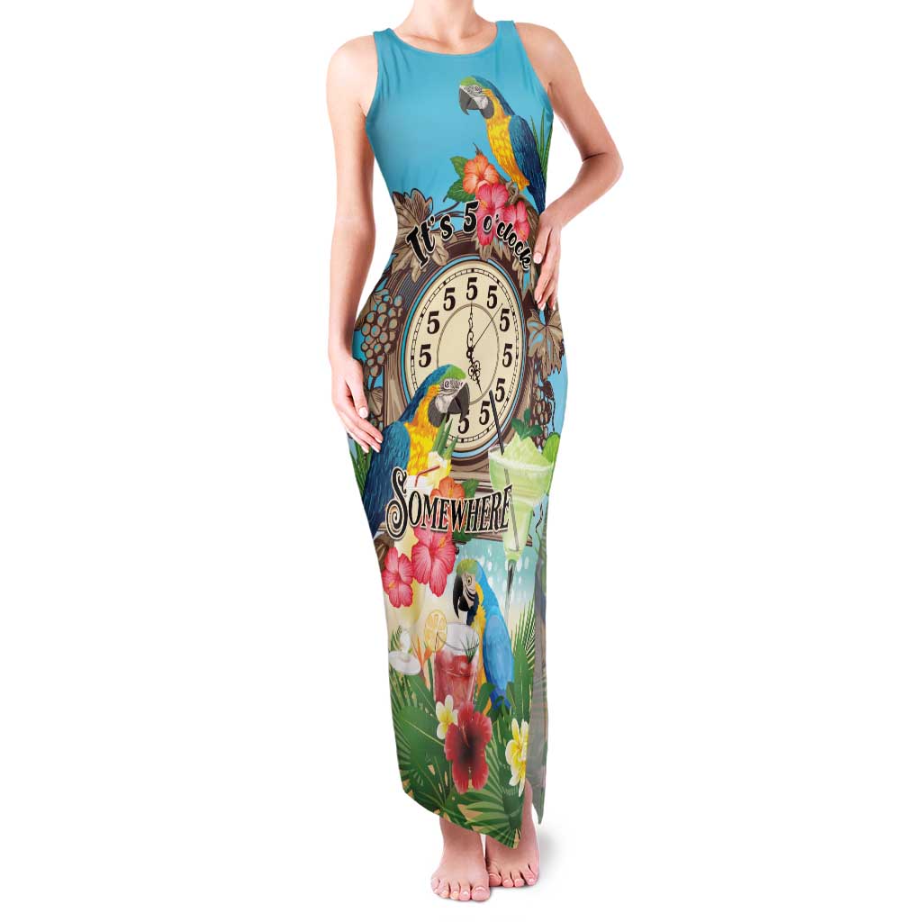 Personalized It's 5 o'clock Somewhere Family Matching Tank Maxi Dress and Hawaiian Shirt Hawaiian Tropical Parrots LT01 Mom's Dress Blue - Polynesian Pride