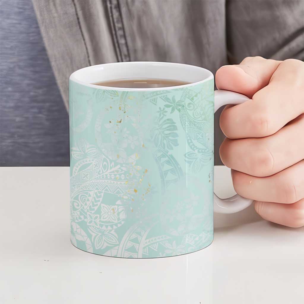 Polynesian Tiare Monstera Seafoam Green Ceramic Mug Liquid Style - Polynesian Pride