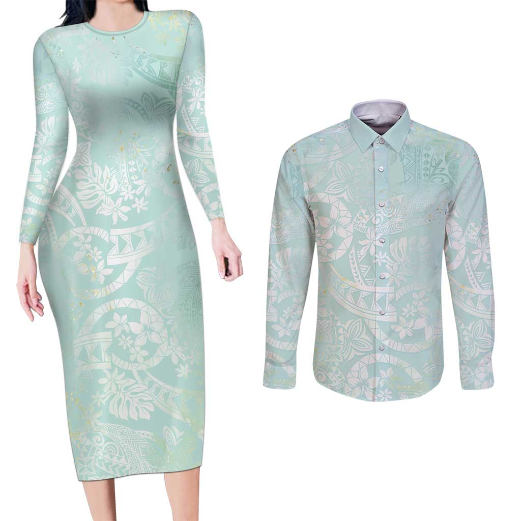Polynesian Tiare Monstera Seafoam Green Couples Matching Long Sleeve Bodycon Dress and Long Sleeve Button Shirt Liquid Style LT01 Green - Polynesian Pride