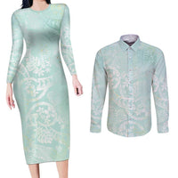 Polynesian Tiare Monstera Seafoam Green Couples Matching Long Sleeve Bodycon Dress and Long Sleeve Button Shirt Liquid Style LT01 Green - Polynesian Pride