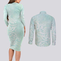 Polynesian Tiare Monstera Seafoam Green Couples Matching Long Sleeve Bodycon Dress and Long Sleeve Button Shirt Liquid Style LT01 - Polynesian Pride
