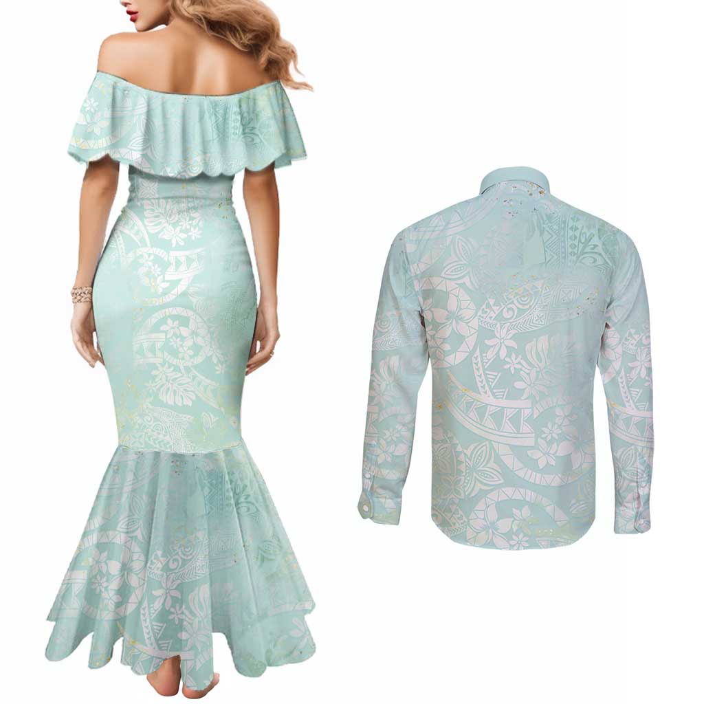 Polynesian Tiare Monstera Seafoam Green Couples Matching Mermaid Dress and Long Sleeve Button Shirt Liquid Style LT01 - Polynesian Pride