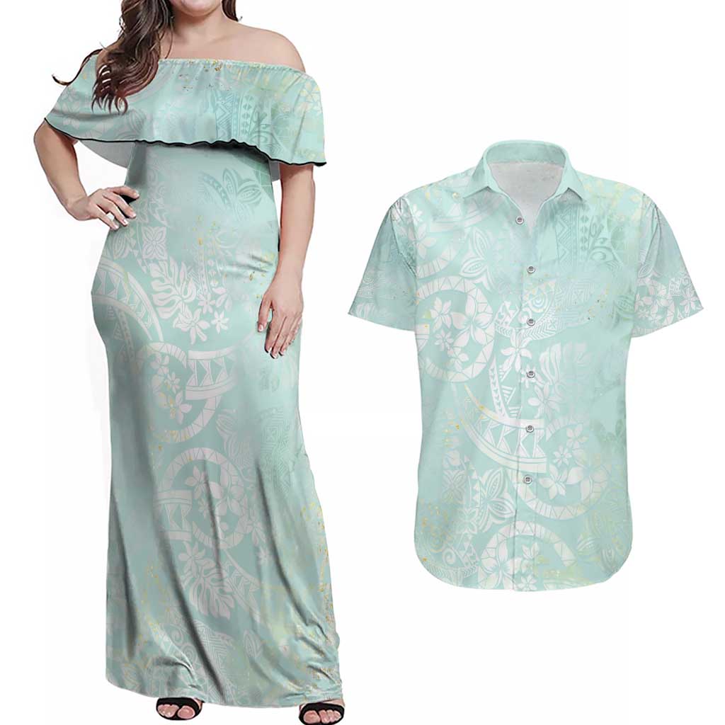 Polynesian Tiare Monstera Seafoam Green Couples Matching Off Shoulder Maxi Dress and Hawaiian Shirt Liquid Style LT01 Green - Polynesian Pride