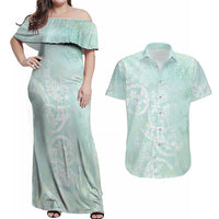 Polynesian Tiare Monstera Seafoam Green Couples Matching Off Shoulder Maxi Dress and Hawaiian Shirt Liquid Style LT01 Green - Polynesian Pride