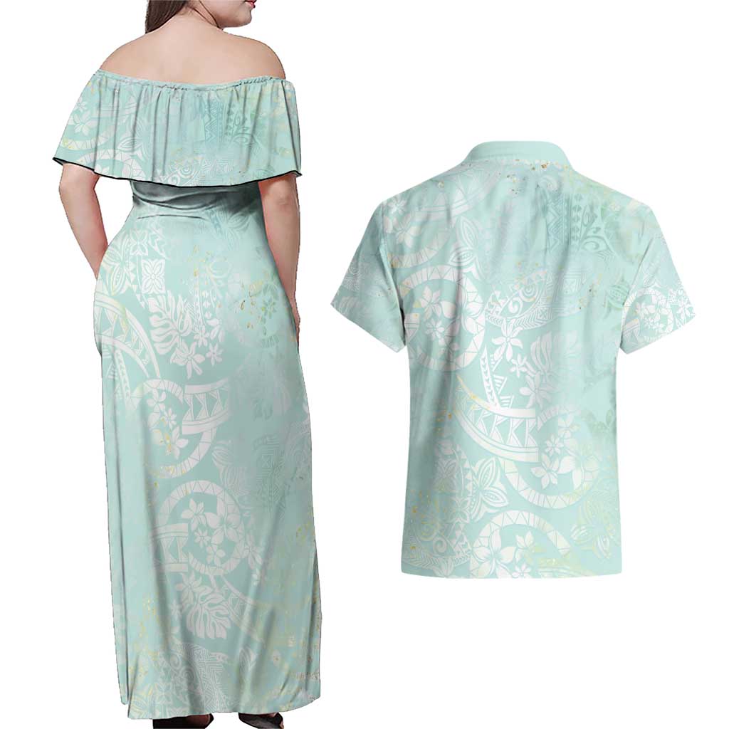 Polynesian Tiare Monstera Seafoam Green Couples Matching Off Shoulder Maxi Dress and Hawaiian Shirt Liquid Style LT01 - Polynesian Pride