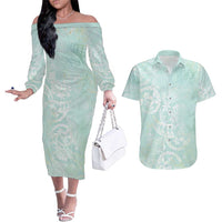 Polynesian Tiare Monstera Seafoam Green Couples Matching Off The Shoulder Long Sleeve Dress and Hawaiian Shirt Liquid Style LT01 Green - Polynesian Pride