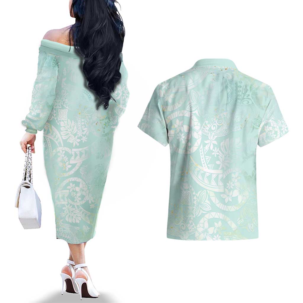 Polynesian Tiare Monstera Seafoam Green Couples Matching Off The Shoulder Long Sleeve Dress and Hawaiian Shirt Liquid Style LT01 - Polynesian Pride