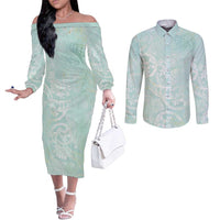 Polynesian Tiare Monstera Seafoam Green Couples Matching Off The Shoulder Long Sleeve Dress and Long Sleeve Button Shirt Liquid Style LT01 Green - Polynesian Pride