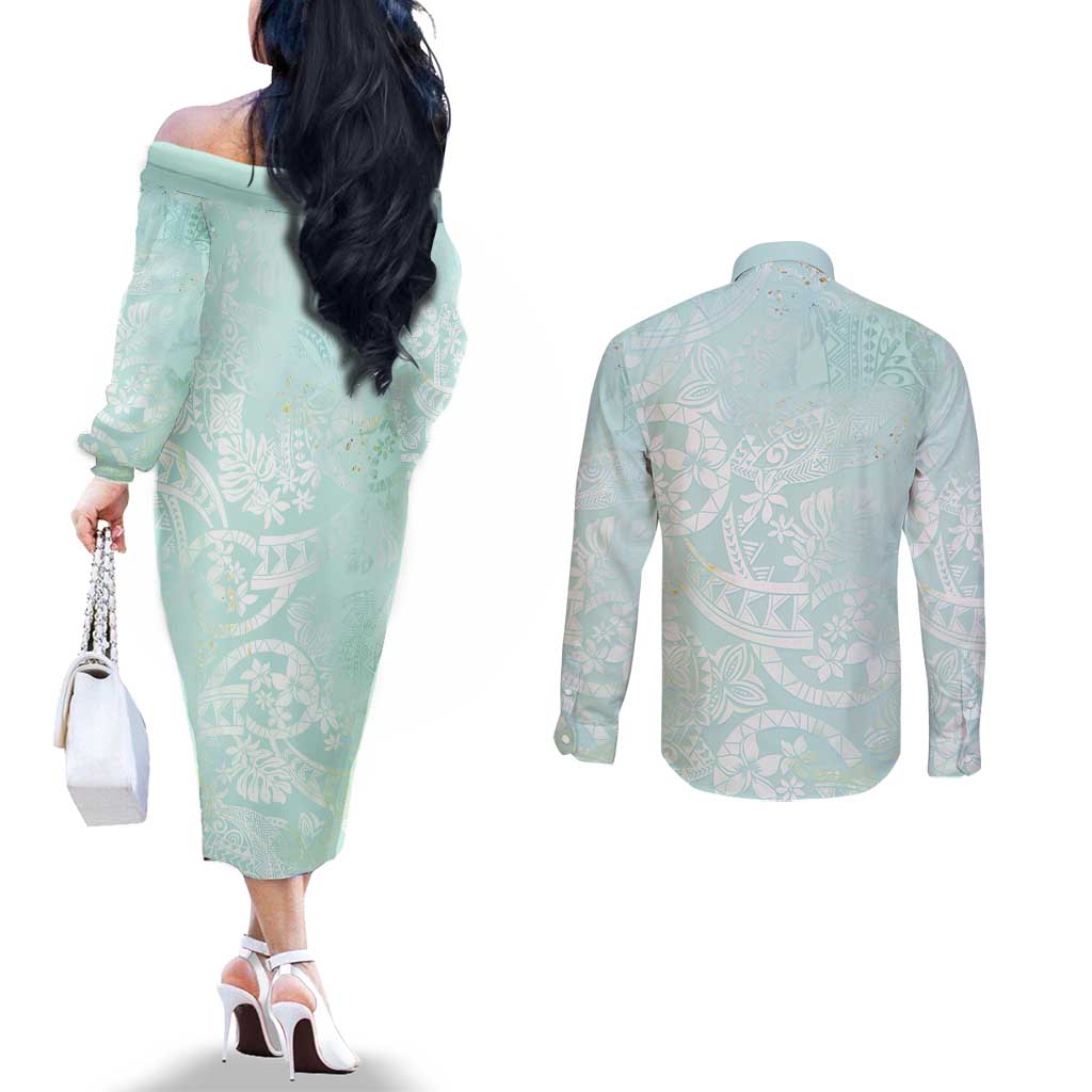 Polynesian Tiare Monstera Seafoam Green Couples Matching Off The Shoulder Long Sleeve Dress and Long Sleeve Button Shirt Liquid Style LT01 - Polynesian Pride