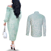 Polynesian Tiare Monstera Seafoam Green Couples Matching Off The Shoulder Long Sleeve Dress and Long Sleeve Button Shirt Liquid Style LT01 - Polynesian Pride