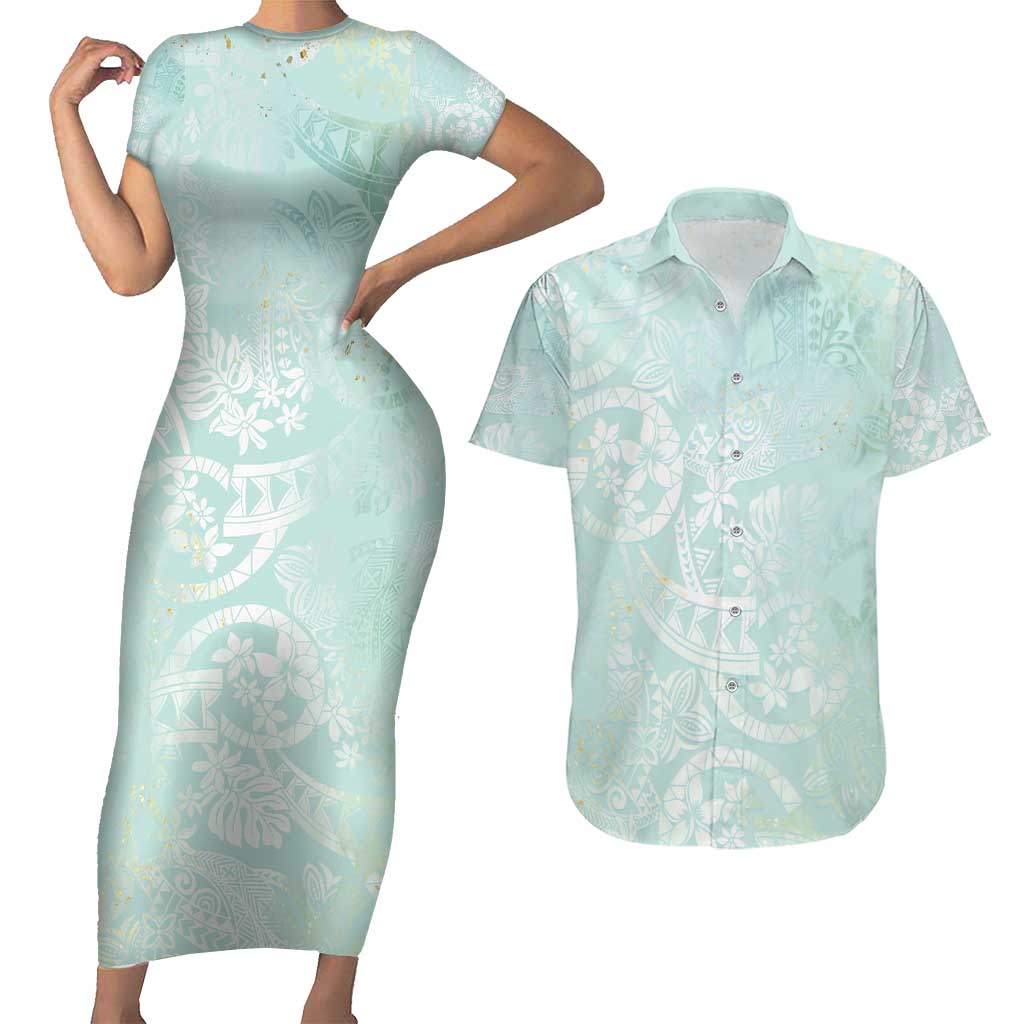 Polynesian Tiare Monstera Seafoam Green Couples Matching Short Sleeve Bodycon Dress and Hawaiian Shirt Liquid Style LT01 Green - Polynesian Pride