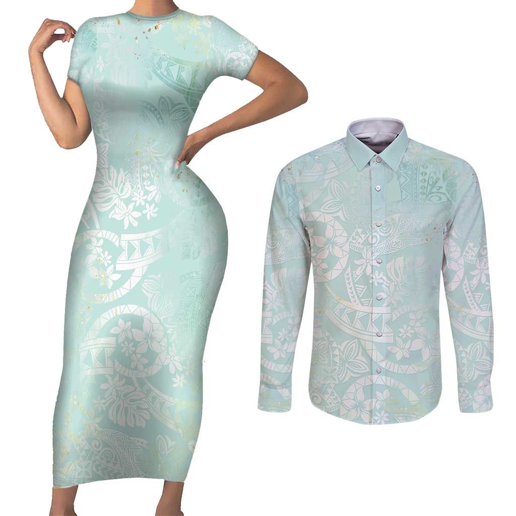 Polynesian Tiare Monstera Seafoam Green Couples Matching Short Sleeve Bodycon Dress and Long Sleeve Button Shirt Liquid Style LT01 Green - Polynesian Pride